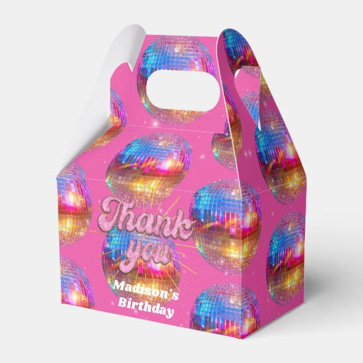 Groovyディスコボール金ゴールドピンクグリッター誕生日パーティー フェイバーボックス (正面サイド)