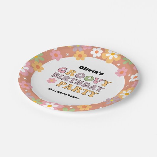 Groovyデイジーヒッピー写真ガールの誕生日 ペーパープレート (アングル)