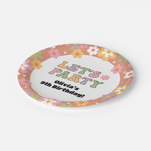 Groovyデイジーヒッピー写真ガールの誕生日 ペーパープレート (アングル)