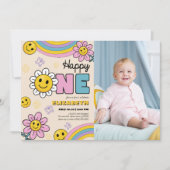 Groovyデイジーフラワーファースト誕生日レトロ写真 招待状 (正面)