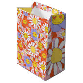 Groovyデイジーフローラチェッカーボード， Y2K 90s ミディアムペーパーバッグ (裏面アングル)