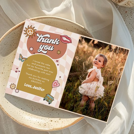 Groovyデイジーレトロ1st誕生日パーティー写真 サンキューカード