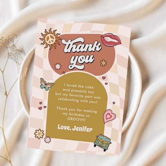 Groovyデイジーレトロ1st誕生日パーティー サンキューカード