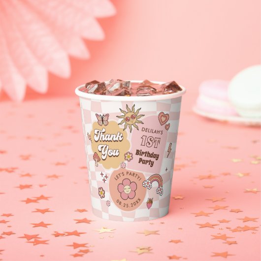 Groovyデイジーレトロ1st誕生日パーティー 紙コップ (インサイチュ)