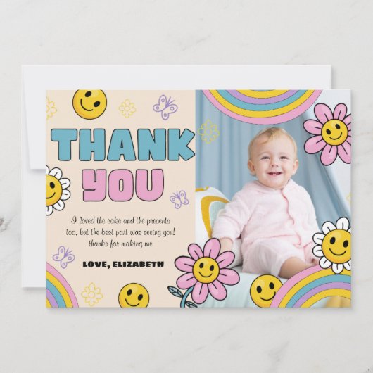 Groovyデイジー誕生日フォトレトロサンキューカード 招待状 (正面)