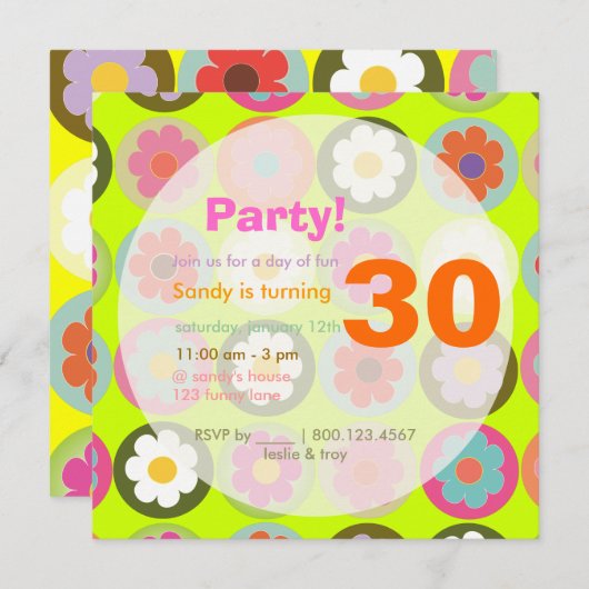 Groovyデイジー/Bright Sixties Birstday Party 招待状 (正面/裏面)