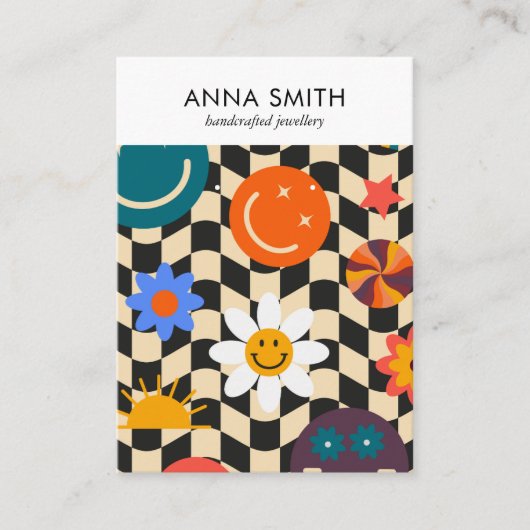 Groovyトリップ（幻覚体験）のようなレトロパターン絵文字イヤリングディスプレイ 名刺 (正面)