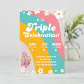 Groovyトリプル誕生日デイジージョイント兄弟姉妹パーティー 招待状 (スタンド正面)
