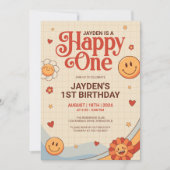 GroovyハッピーワンY2kハッピー顔誕生日 招待状 (正面)