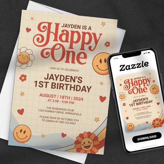 GroovyハッピーワンY2kハッピー顔誕生日 招待状