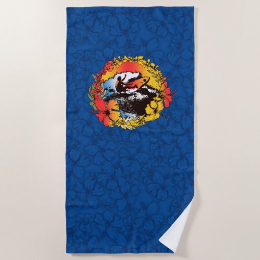 Groovyハワイアンサーファー1960sレトロハイビスカス – ネイビー ビーチタオル (正面)