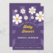 Groovyパープルレトロヒッピー70sデイジーベビーシャワー 招待状 (正面/裏面)