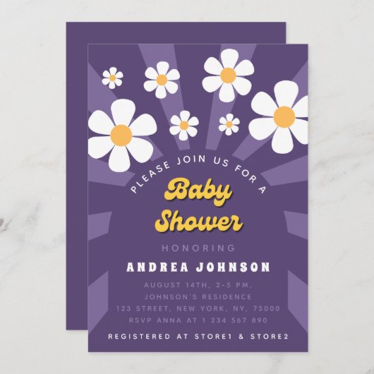 Groovyパープルレトロヒッピー70sデイジーベビーシャワー 招待状 (正面/裏面)