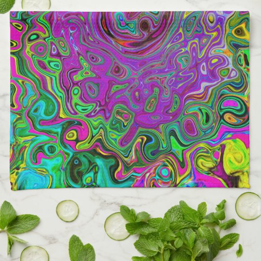 Groovyパープル抽象芸術レトロ液スワール キッチンタオル (折り畳み)