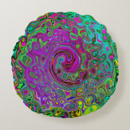 Groovyパープル抽象芸術レトロ液スワール ラウンドクッション