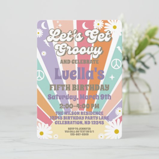Groovyヒッピー太陽とデイジーガールズ誕生日を取得 招待状 (スタンド正面)