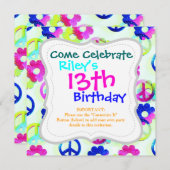 Groovyヒッピー平和のサインフラワーパワースパークルパット 招待状 (正面/裏面)