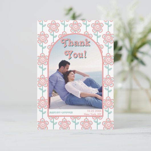 Groovyピンクとアクアフラワー70s結婚の写真 サンキューカード (スタンド正面)