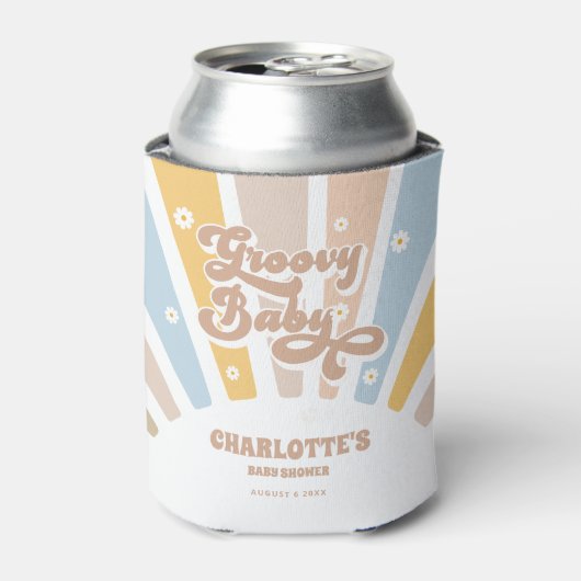 Groovyピンクのレトロデイジー写真ベビーシャワーの好意 缶クーラー (缶正面)