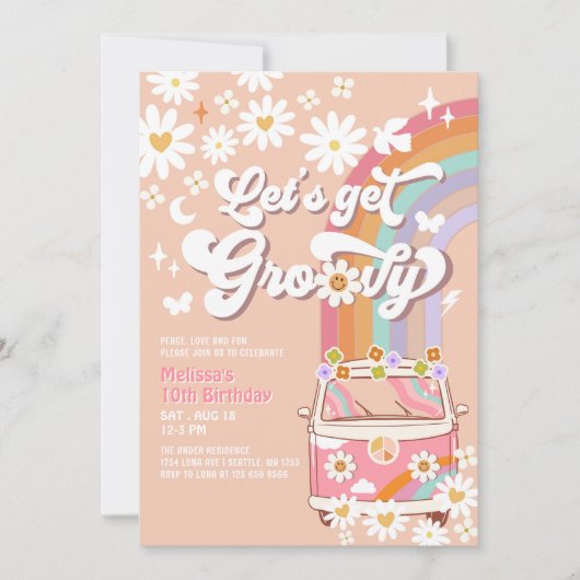 GroovyピンクのGroovyヴァンデイジー誕生日 招待状 (正面)