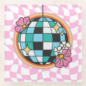 Groovyピンクディスコボール60sヒッピーレトロ市松模様に ガラスコースター (正面)