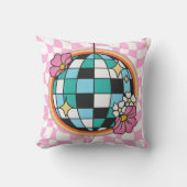 Groovyピンクディスコボール60sヒッピーレトロ市松模様に クッション (正面)