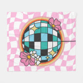 Groovyピンクディスコボール60sヒッピーレトロ市松模様に フリースブランケット (正面(横))