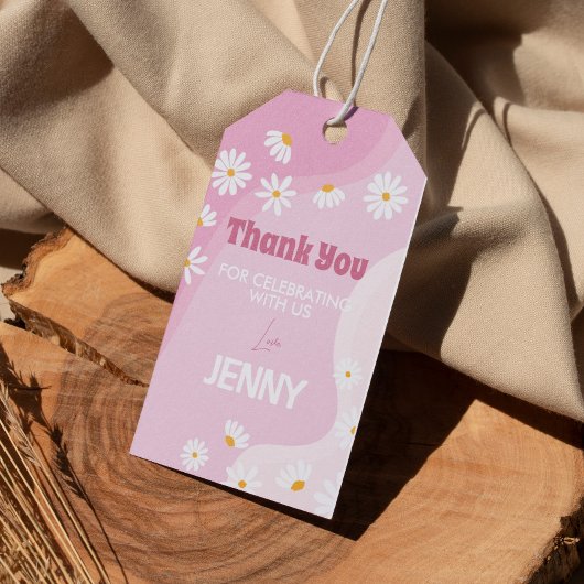 Groovyピンクデイジー誕生日パーティーサンキューサンキューラベル ギフトタグ
