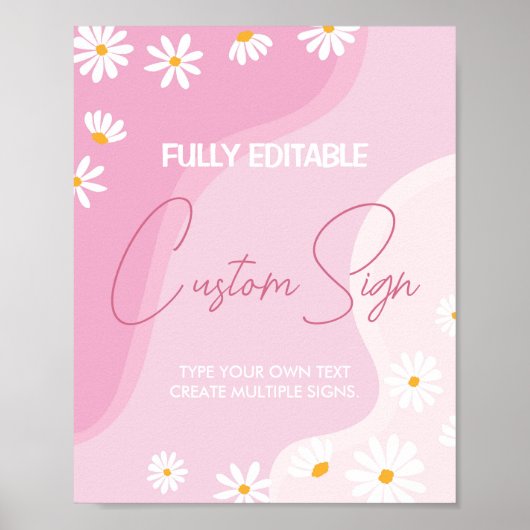 Groovyピンクデイジー誕生日パーティーテーブルの看板 ポスター (正面)