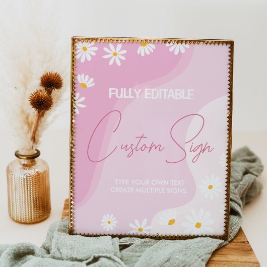 Groovyピンクデイジー誕生日パーティーテーブルの看板 ポスター