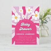 Groovyピンクヒッピーレトロデイジー70sベビーシャワー 招待状 (スタンド正面)