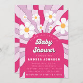 Groovyピンクヒッピーレトロデイジー70sベビーシャワー 招待状 (正面/裏面)