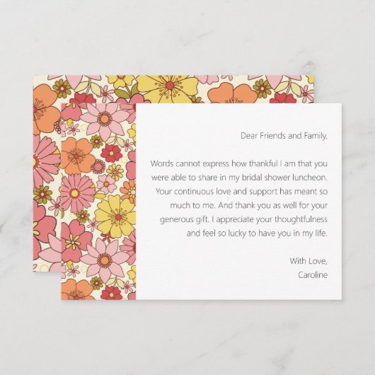 Groovyピンクフローラブライダルシャワーカスタムメッセージ サンキューカード (正面/裏面)