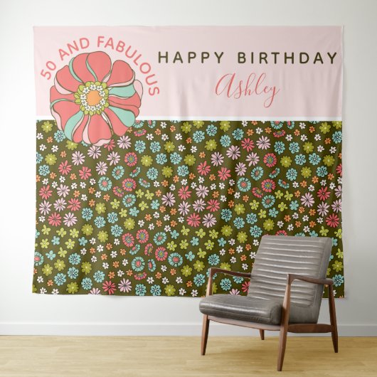 Groovyピンクフローラ誕生日写真の背景 タペストリー (インサイチュ(横))