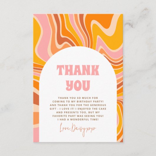 Groovyピンクレトロ女の子の誕生日パーティーを取得しよう サンキューカード (正面)
