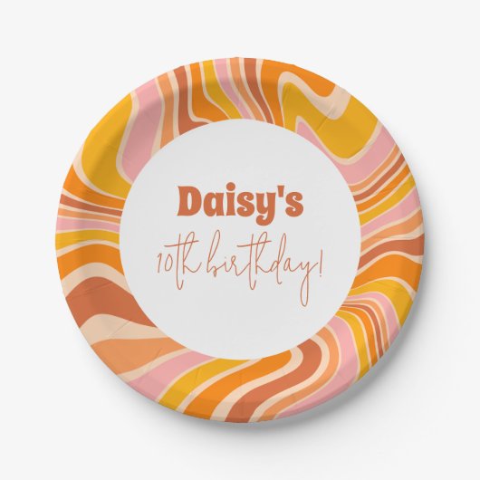 Groovyピンクレトロ女の子の誕生日パーティーを取得しよう ペーパープレート (正面)