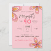 Groovyピンク40th誕生日パーティー70sヒッピー花 招待状 (正面)
