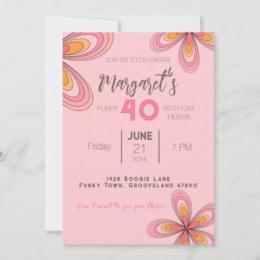 Groovyピンク40th誕生日パーティー70sヒッピー花 招待状 (正面)