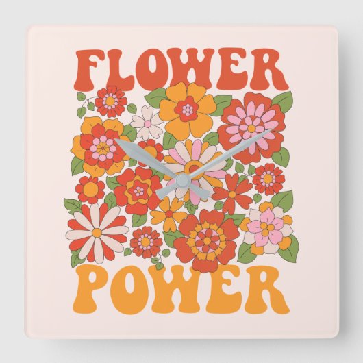 Groovyフラワーパワーグラフィック スクエア壁時計 (正面)