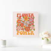 Groovyフラワーパワーグラフィック スクエア壁時計 (ホーム)