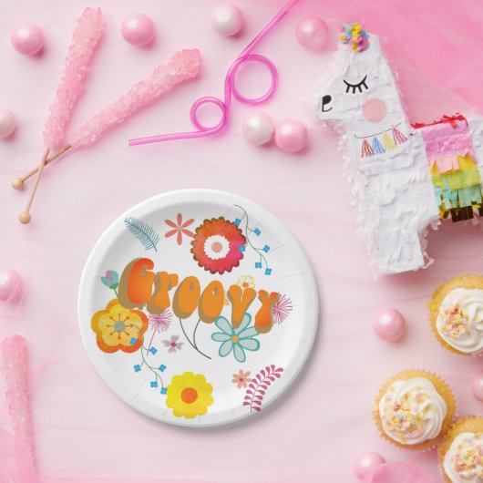 Groovyフラワーパワーピンクカラフル色 ペーパープレート (パーティー)