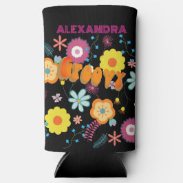 Groovyフラワーパワーピンクブラック スリム缶クーラー