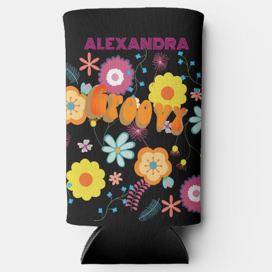Groovyフラワーパワーピンクブラック スリム缶クーラー (正面)