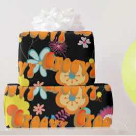 Groovyフラワーパワーピンクブラック ラッピングペーパー