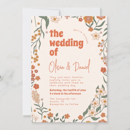 Groovyフローラヴィンテージ結婚レトロ 招待状 (正面)