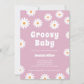 Groovyベビーガールデイジー70sレトロベビーシャワー 招待状 (正面)