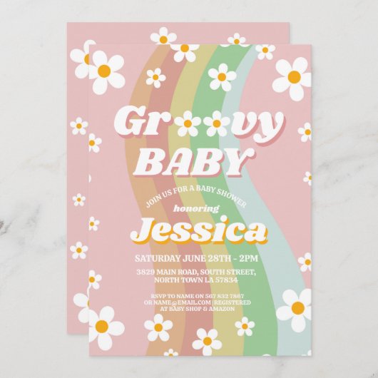 Groovyベビーシャワーピンクの女の子レトロレインボー1970s 招待状 (正面/裏面)