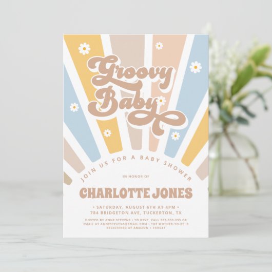 Groovyベビーピンクレトロデイジー写真ベビーシャワー 招待状 (スタンド正面)