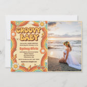 Groovyベビーレトロレインボーベビーシャワーパーティー写真 招待状 (正面)