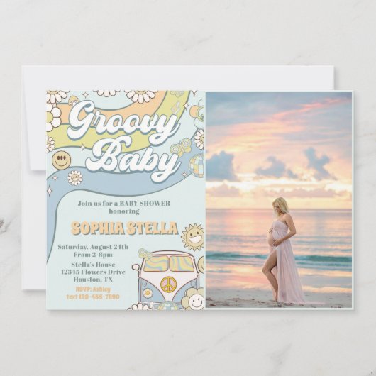 Groovyベビーレトロレインボーベビーシャワーパーティー写真 招待状 (正面)